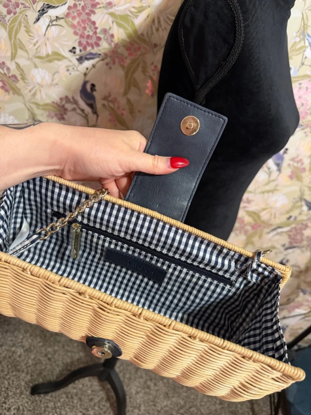 Talbots Natural Woven Clutch with Navy Tab and Multicolor Fan Accent